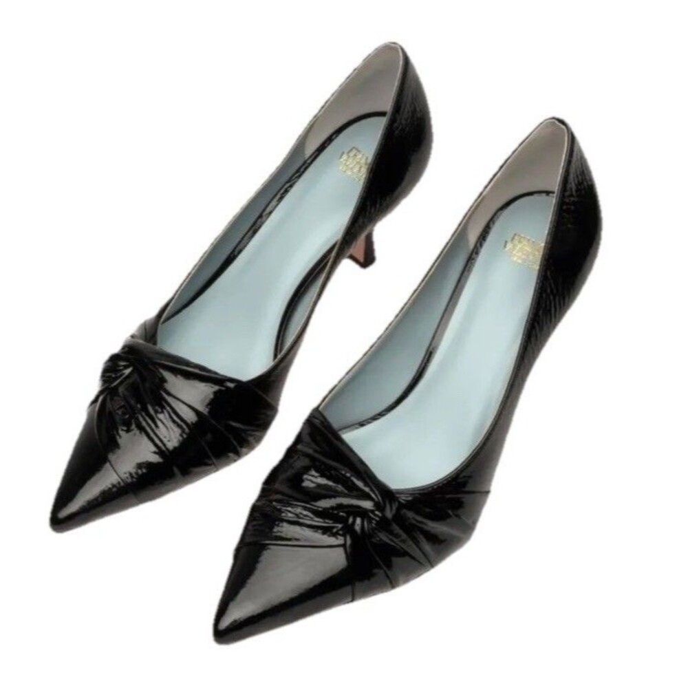 Luxury Black Leather Frances Valentine NY Knot Kitten Heel Pointed Toe 7.5‎ NWOB - Picture 5 of 14